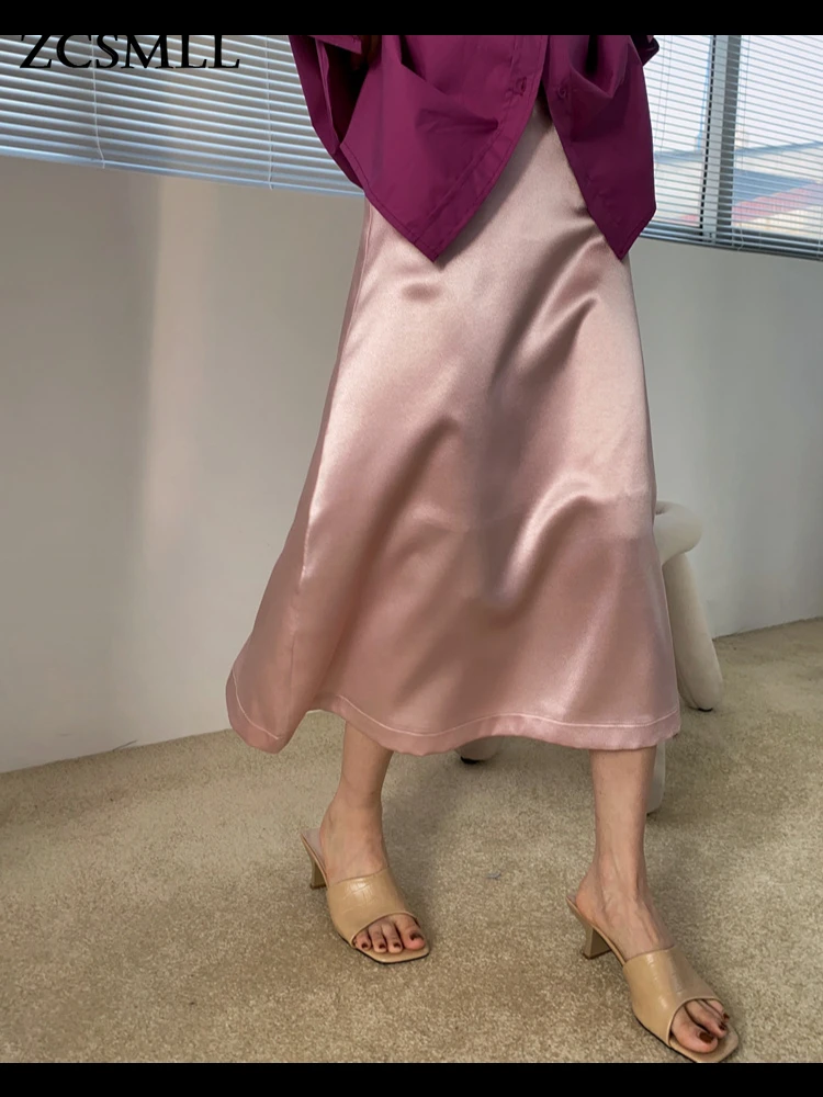 

ZCSMLL Gold Satin High Waisted Skirt Womens 2022 Korean Fashion A Line Knee Length Ladies Skirt Glitter Beige Pink Elegant