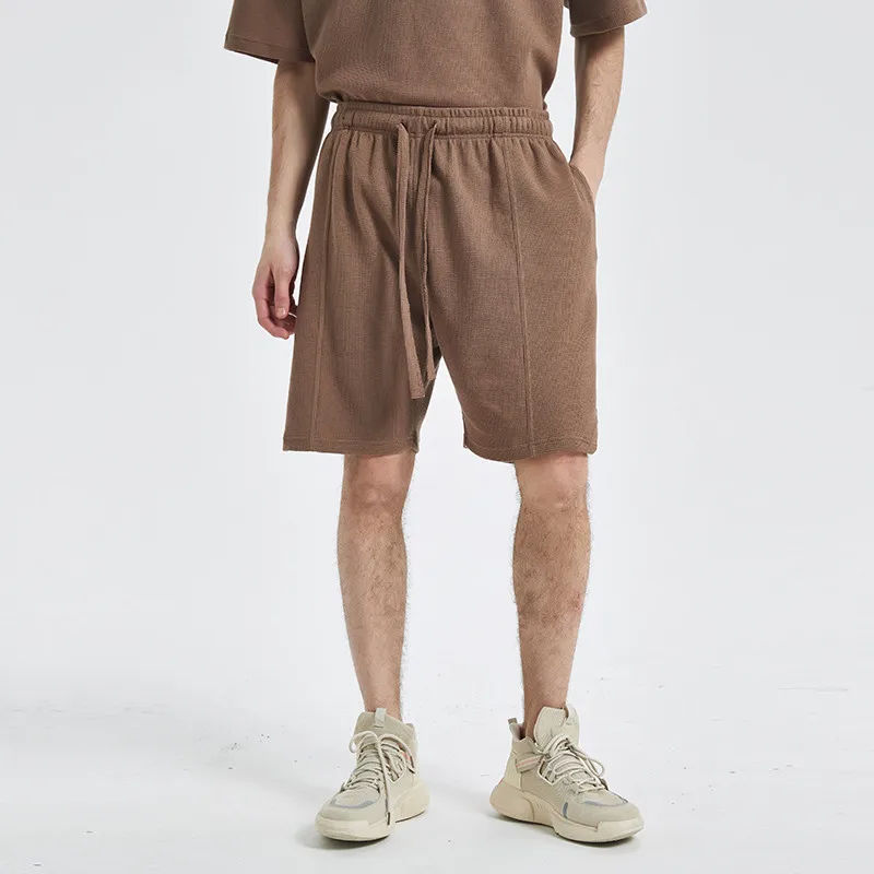 Kanye Waffle Split Sweat Shorts for Men Women Oversized Vibe Drawcord High Street Fashionable Solid Color Casual Joggers Shorts