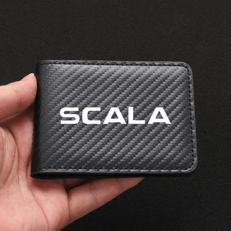 

New Carbon Fiber Credit Bank Card Holder Leather Driver License ID Card Bag For Skoda Scala Accessories
