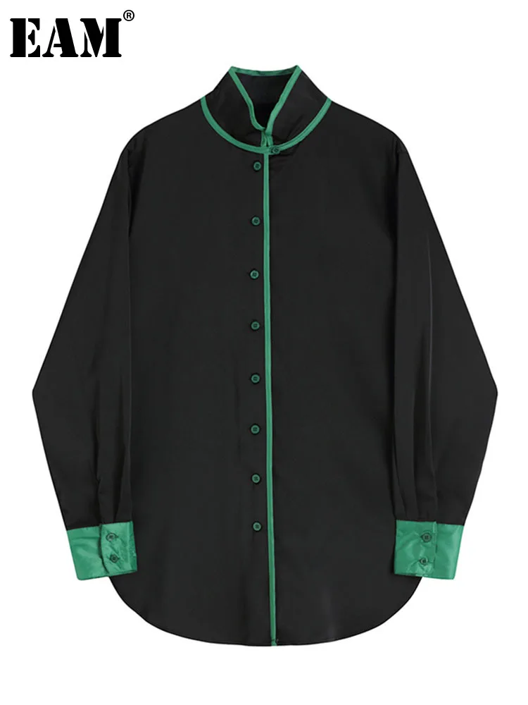 

[EAM] Women Black Color-block Big Size Casual Blouse New Stand Collar Long Sleeve Shirt Fashion Tide Spring Autumn 2022 1DE7170