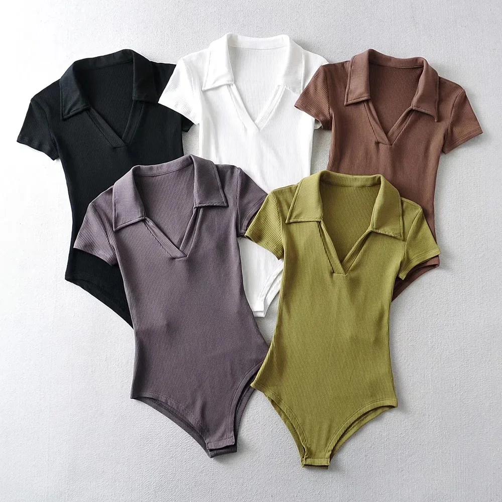 

One Piece Women Solid Turn-down Collar Short Sleeve Black White Grey Khaki Army Green Top Bodysuit Jumpsuit