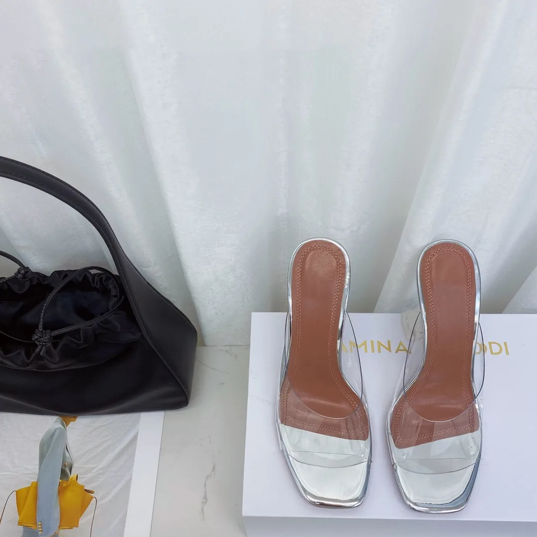 

Transparent slipper Clear Heeled pump Lupita Glass PVC leather mules squared toes Slip on flared heels Slides AMINA Women MUADDI
