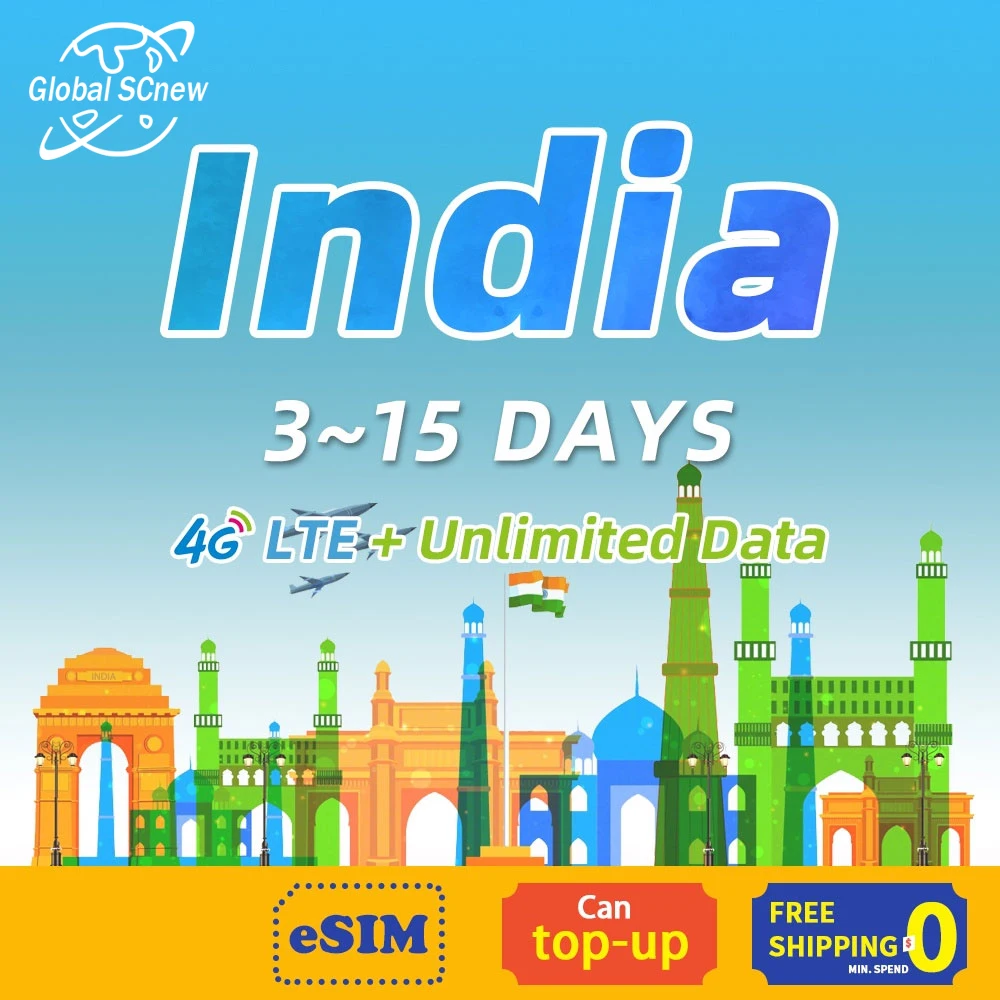 

India Prepaid SIM card 3-15 Days 4G High Speed Unlimited Data Support eSIM Operator Data Roaming for Tourist Travel