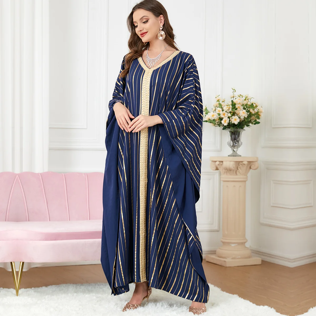 

Wepbel Islamic Clothing Loose Dress Muslim Kaftan Batwing Sleeve Abaya Women Striped Bronzing Printed Ribbon Dress Robe Caftan