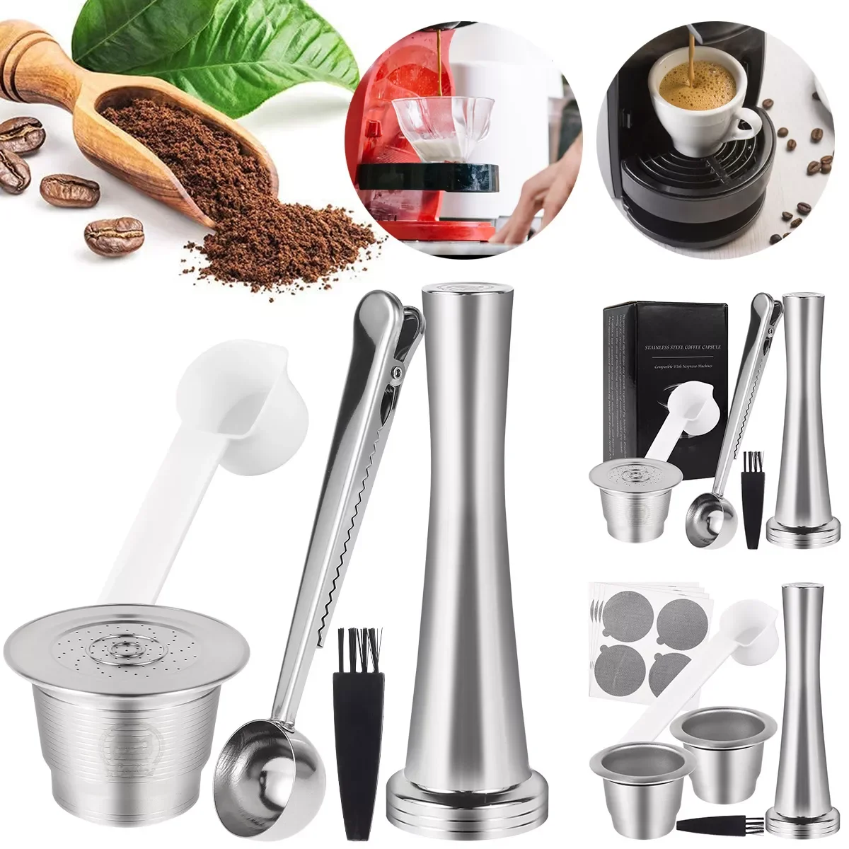 

Coffee Capsules Kit Food Grade 304 Stainless Steel Coffee Filter Set Reusable Multifunctional Coffee Filter Pod Set