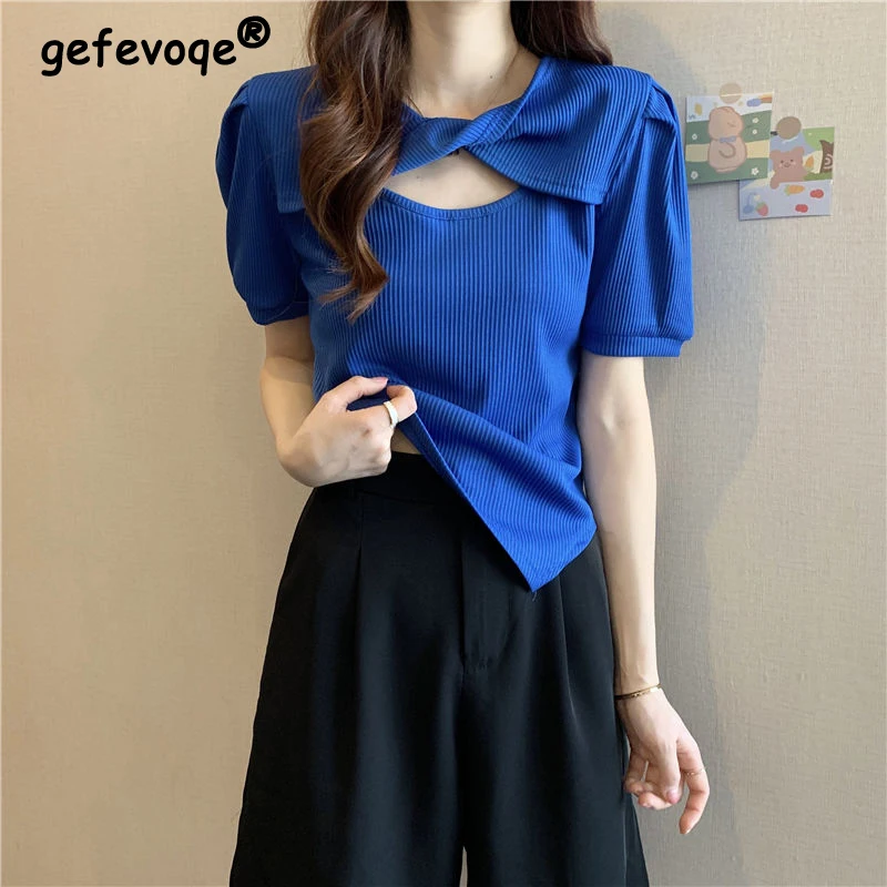 

New Women's Clothing Y2K Hollow Irregular Chic Short Sleeve T-shirts Female Summer Trendy Casual Solid Slim Basic All Match Tops