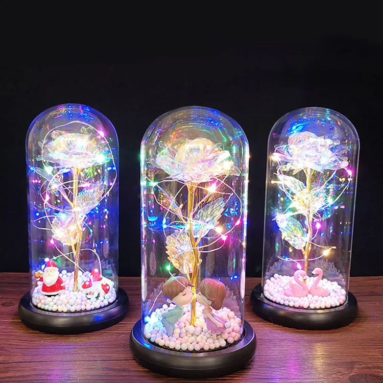 

LED Eternal Rose In Glass 24K Gold Foil Flower with Fairy String Lights In Dome for Wedding Valentine's Day Girl Gift Dropship