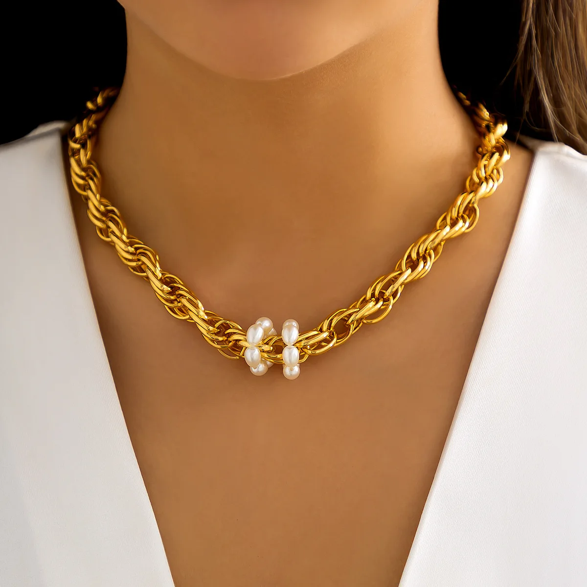 

Ailodo Twisted Chunky Chain Necklace For Women Elegant Imitation Pearl Pendant Necklace Vintage Fashion Jewelry Girls Gift 2022