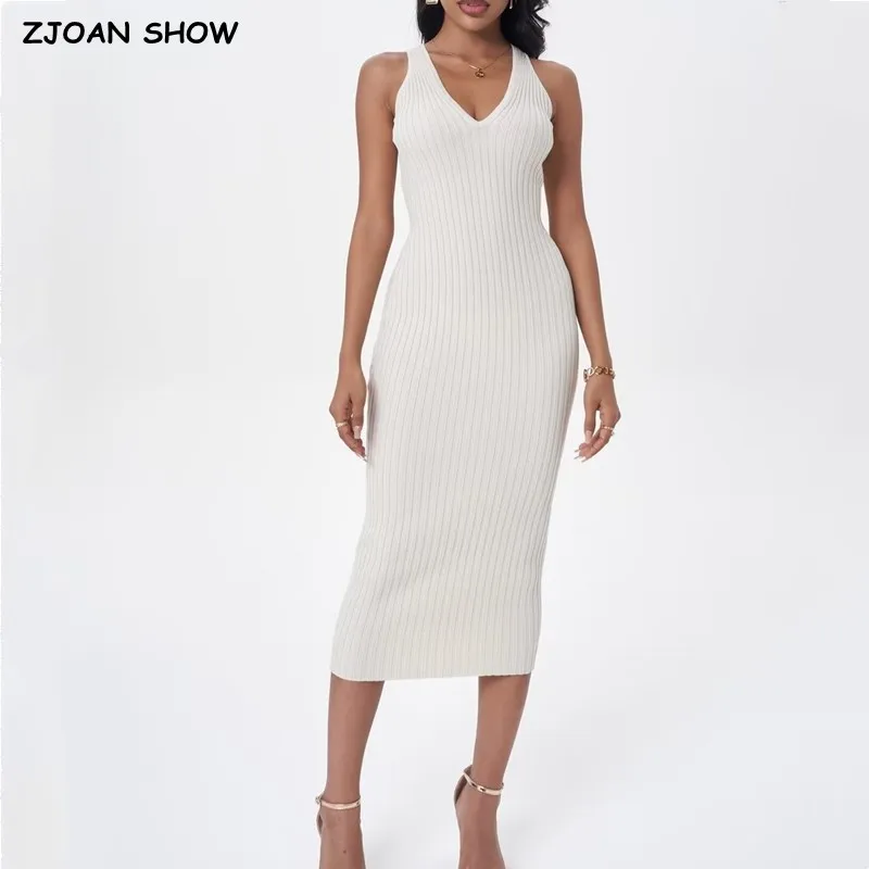 

2023 сексуальное трикотажное платье-миди в рубчик без рукавов с V-образным вырезом, женское эластичное базовое облегающее платье-майка