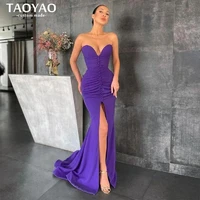 elegant purple mermaid strapless long soft satin evening dresses formal sexy slit pleats prom party gowns robes de soir%c3%a9e