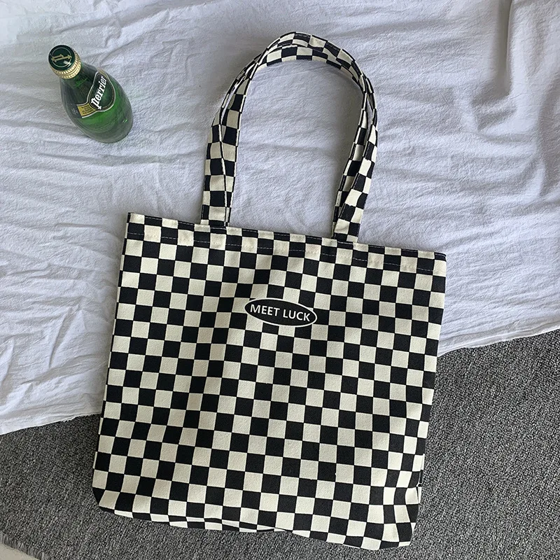 

Fashion Canvas Women Plaid Shoulder Bags Large Capacity Checkerboard Student Girls Tote Handbags Female Reusable Shopping Bag