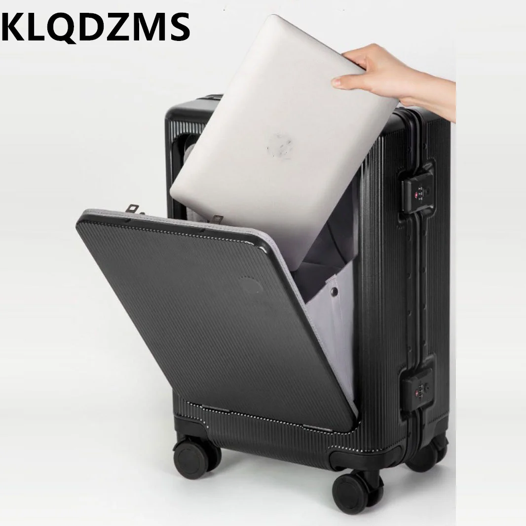 Фото KLQDZMS чемодан для ноутбука с передним отверстием, посадочный чемодан с алюминиевой рамой, чемодан на колесиках 20 дюймов, 22 дюйма, 24 дюйма, USB-зарядка, чемодан в салоне №4
