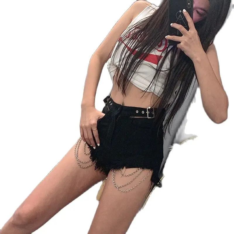 

Women's Sexy Fashion Retro Rivet Hollow Out High Waist Chain Jeans Denim Shorts