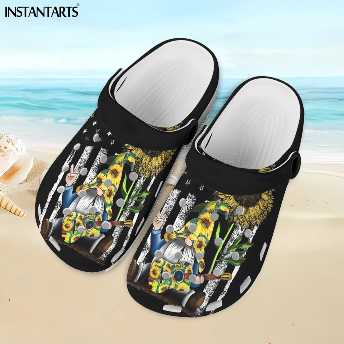 

INSTANTARTS Unisex Clogs Breathable Lightweight Slippers American Flag Print Non-Slip Home Hole Shoes Sunflower Casual Sandals