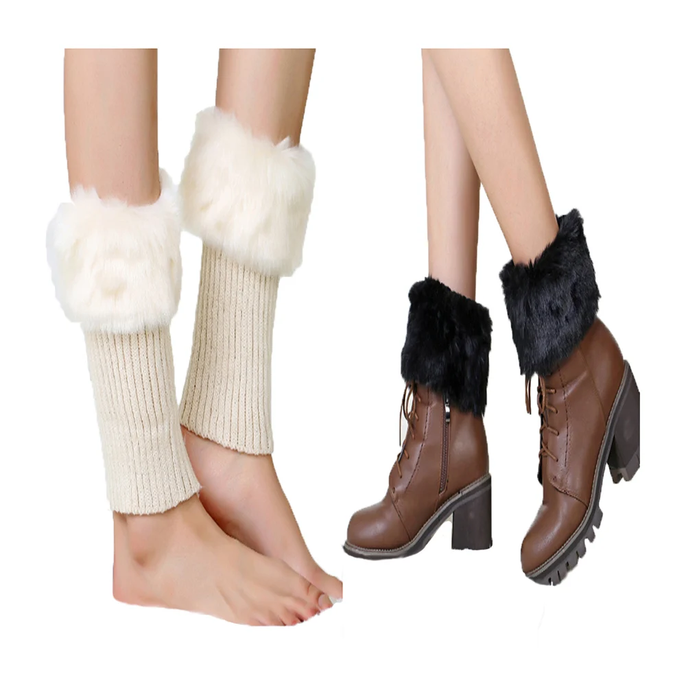 Women Winter Leg Warmer Short Boot Fur Plush Knitted Leggings Outdoor Warm Solid Thick Ankles Boot Cuff Socks Black White Grey