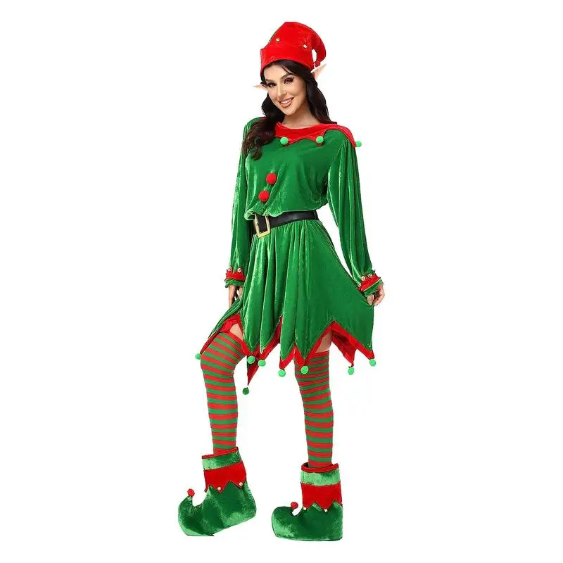 

Женский Семейный комплект, рождественское платье с зеленым эльфом Санта-Клауса, одежда для косплея, включая ремни, эльф, шляпа, полосатые чулки, обувь