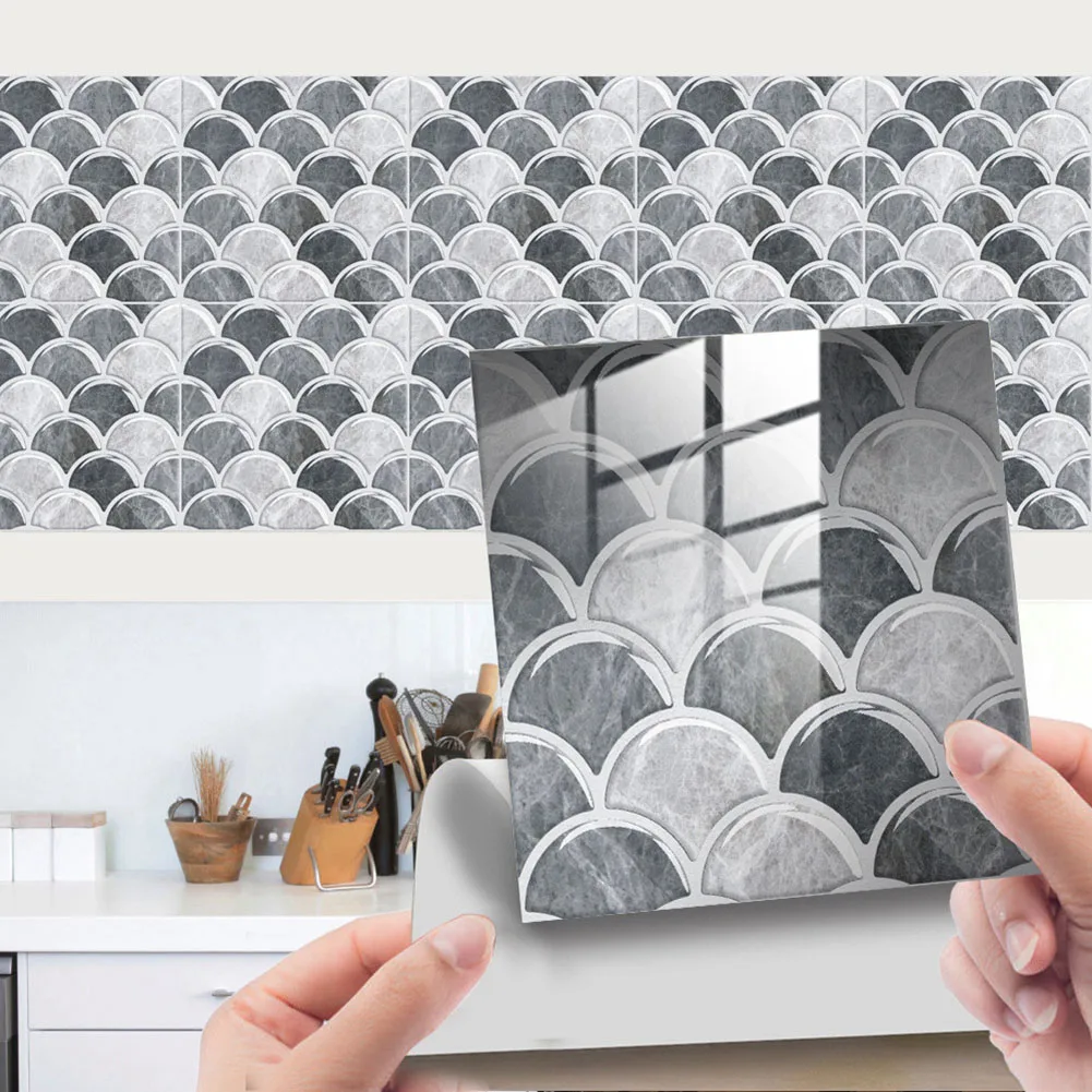 

10pcs Marble Mosaic Tiles Wall Sticker Transfers Flat 2D Printed Covers For Kitchen Bathroom Peel & Stick Waterproof Art Mural