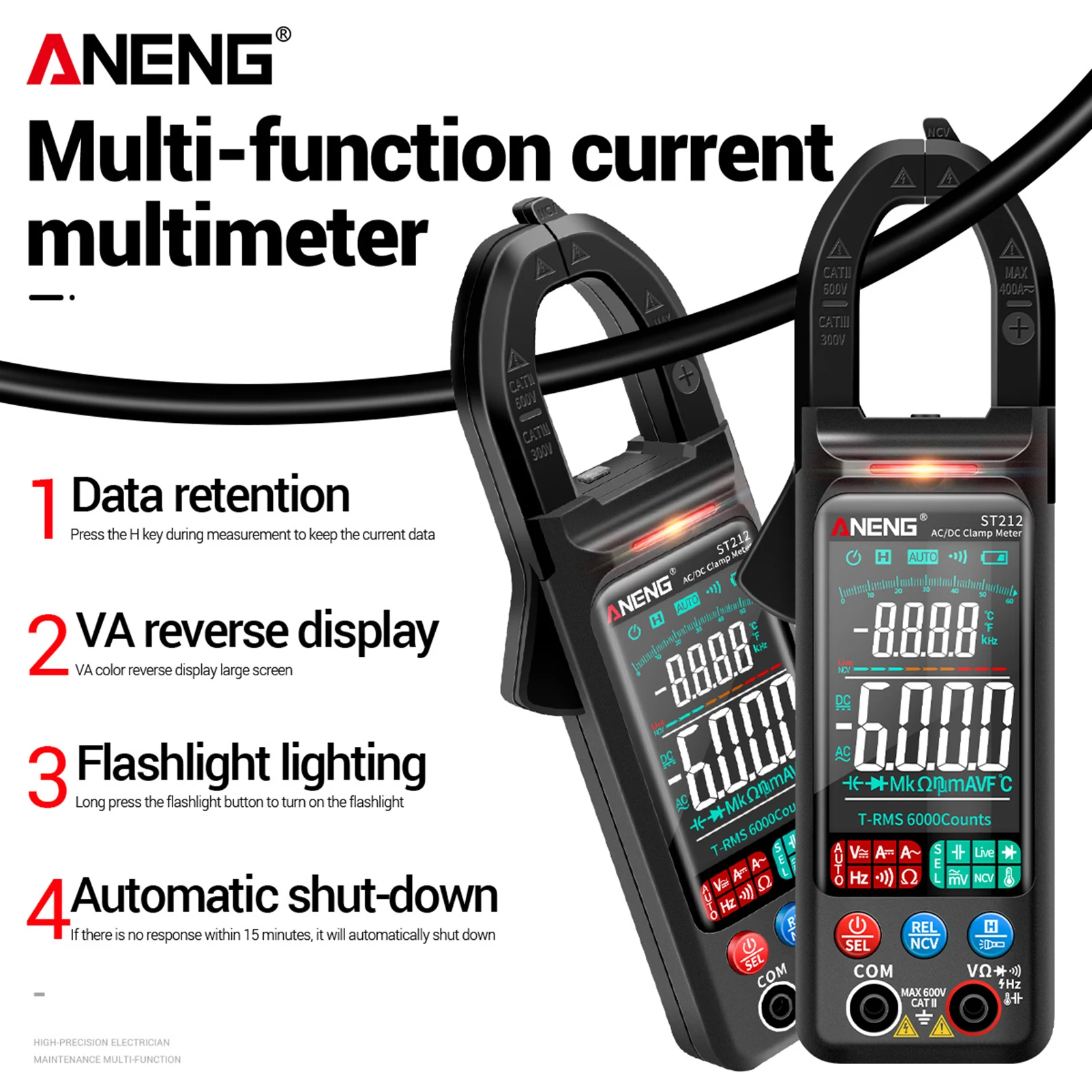

ANENG ST212 Clamp Meter Intelligent Digital Clamp Multimeter 6000 Counts Smart AC & DC Voltmeter 400A Ammeter VA Colored Display