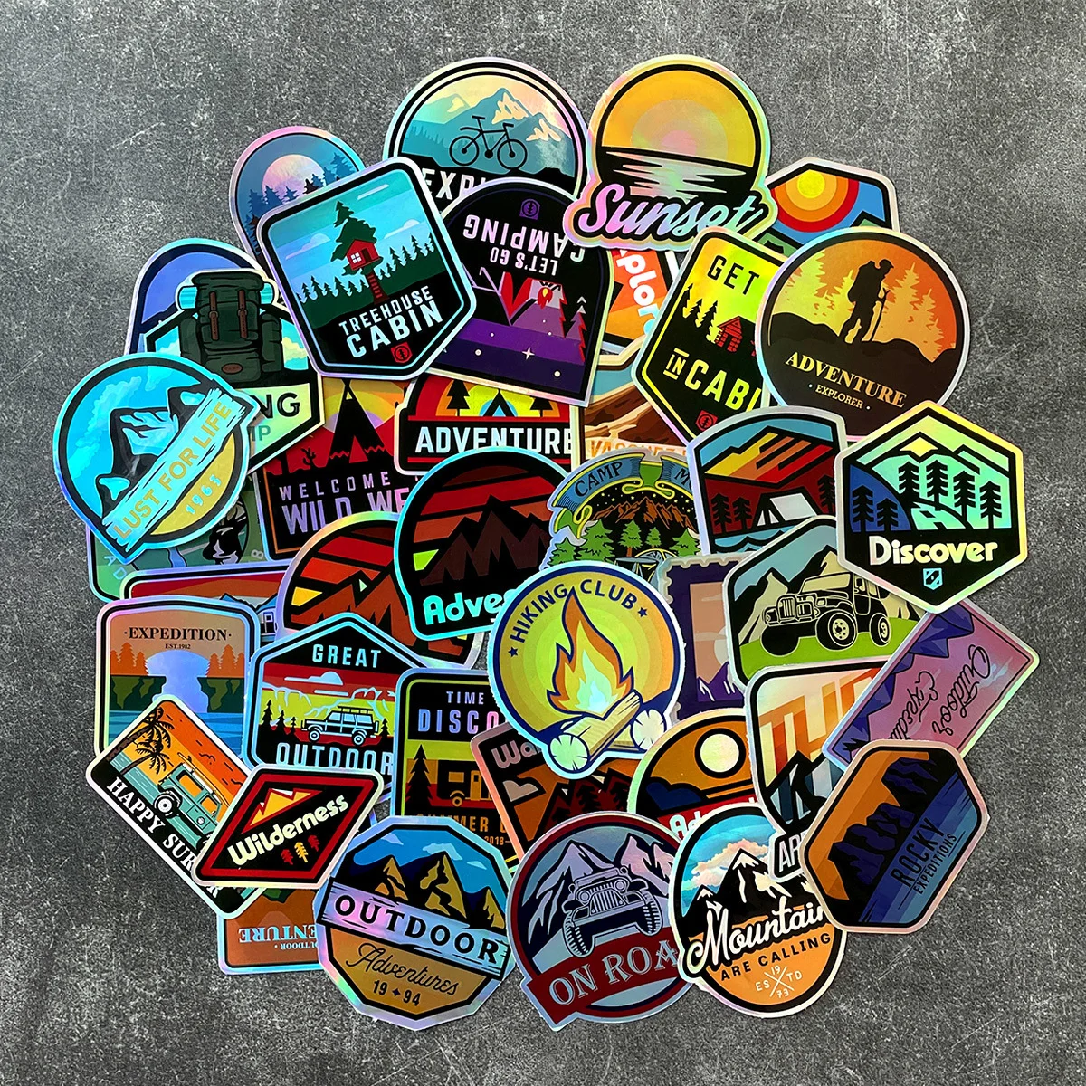

40 шт. лазерные наклейки из коллекции кемпинга, персонализирующие для мотоциклов, автомобилей, водяных очков, зеркал