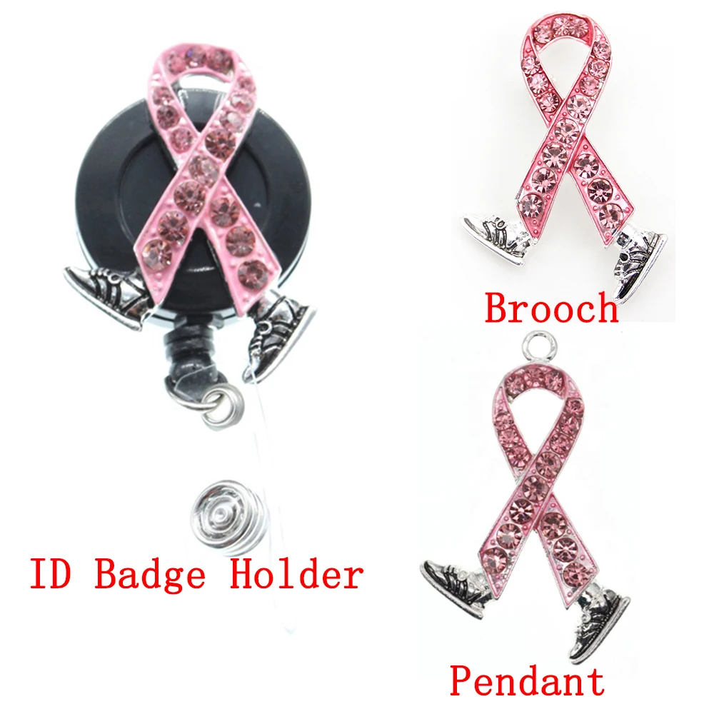 

50 Pcs/Lot Pink Ribbon Breast Cancer Awareness Brooch/ID Badge Holder/Pendant Enamel Working Accessories For Nurse