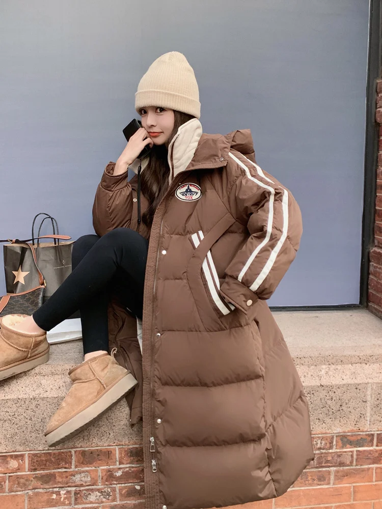 Дизайнерская Свободная куртка на белом утином пуху с капюшоном в стиле преппи