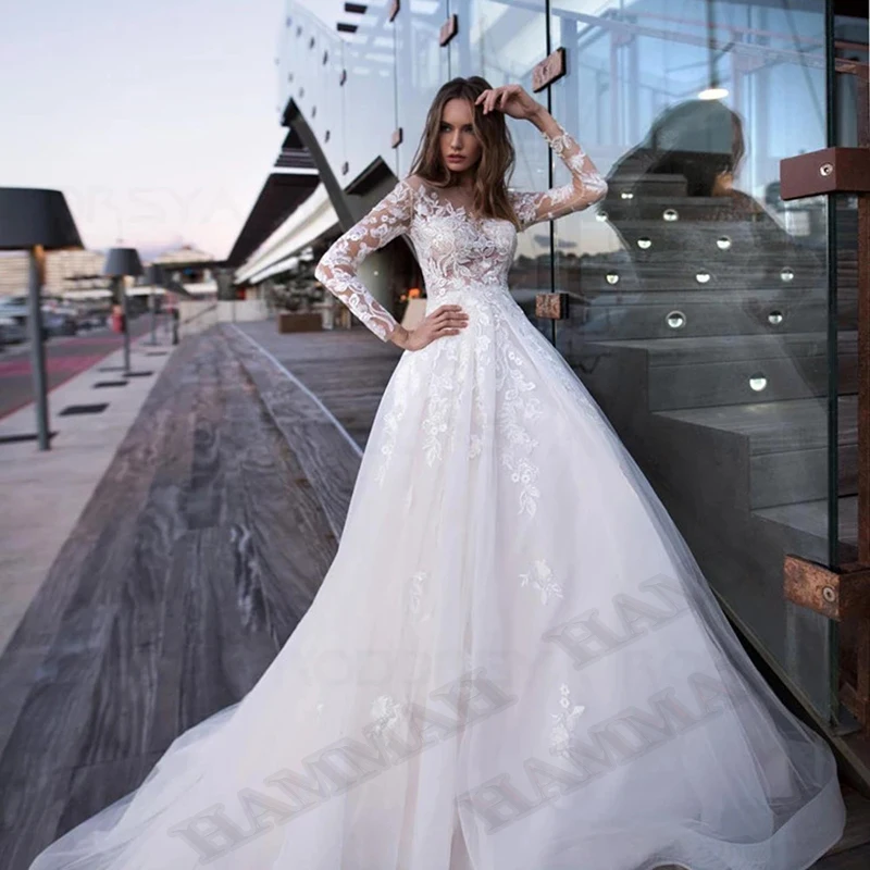 

HAMMAH Exquisite Wedding Dresses Scoop Custom-Made Court Train Button A-LINE Appliques Long Sleeve Robe De Mariée