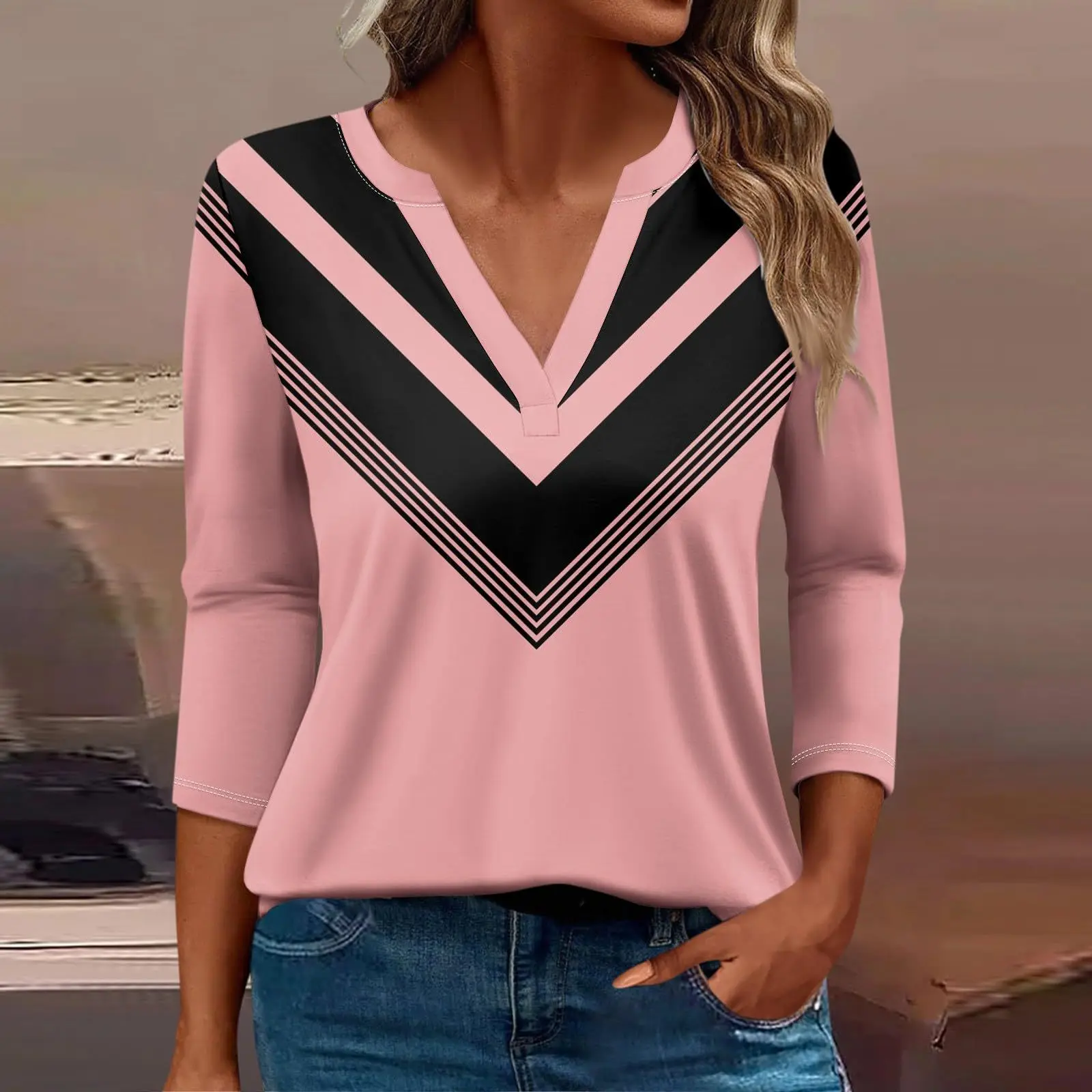Модная женская футболка с v-образным вырезом и тремя четверками длинным рукавом