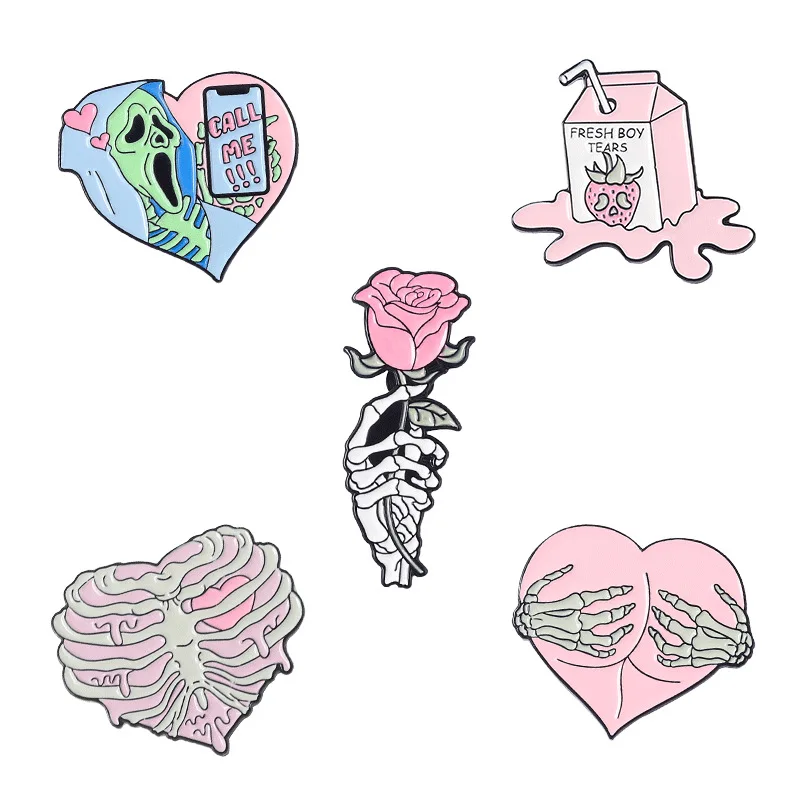 

Gothic Fun Jewelry Pink Punk Enamel Pins Rib Cage Skeleton Heart Hug Call Me Brooches Lapel Badges Gift for Friends
