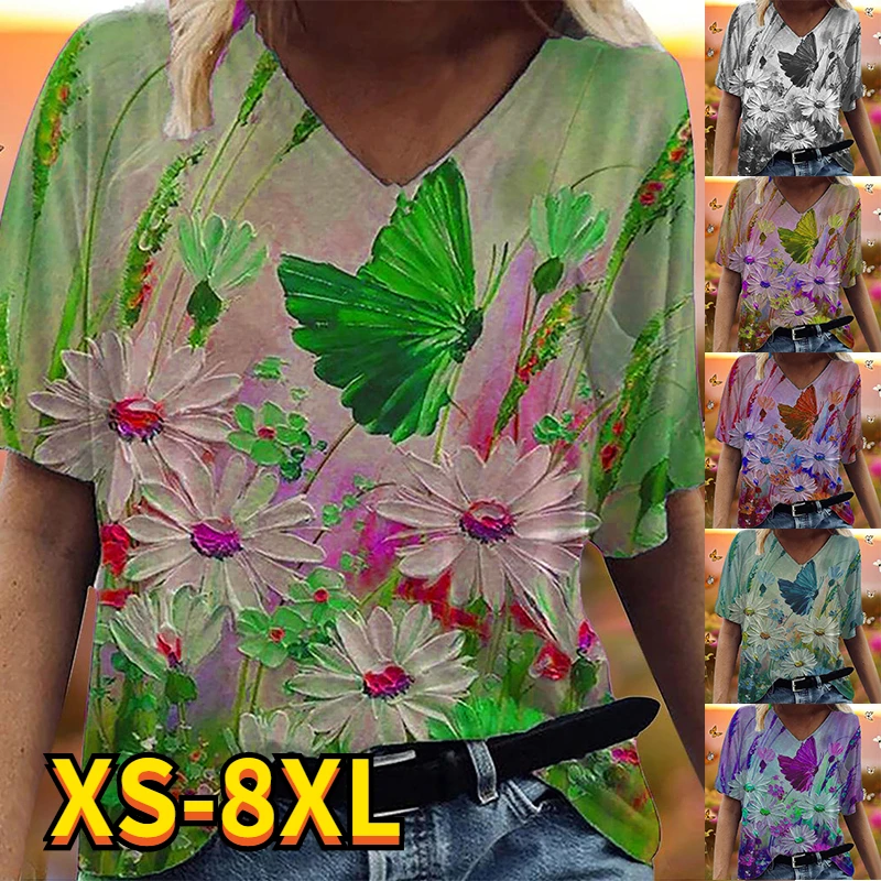 

2022 New Fashion Women's T Shirt Butterfly Floral Patchwork Print V Neck Shirt Basic Tops White / 3D Print Plus Size 8XL