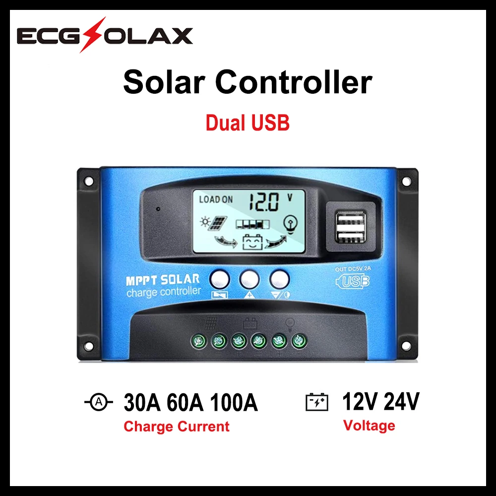 

ECGSOLAX 30/60/100A MPPT Solar Charge Controller Dual 5V USB LCD Display 12V 24V Auto Solar Cell Panel Charger Regulator