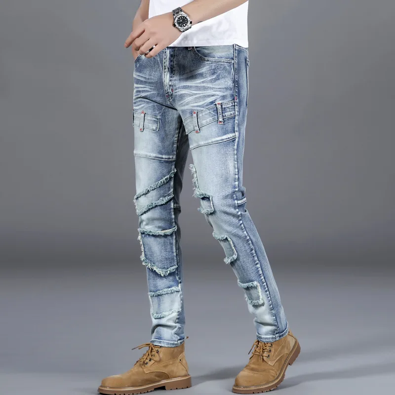Джинсы мужские зауженные стрейчевые винтажные брюки-карандаш из денима со