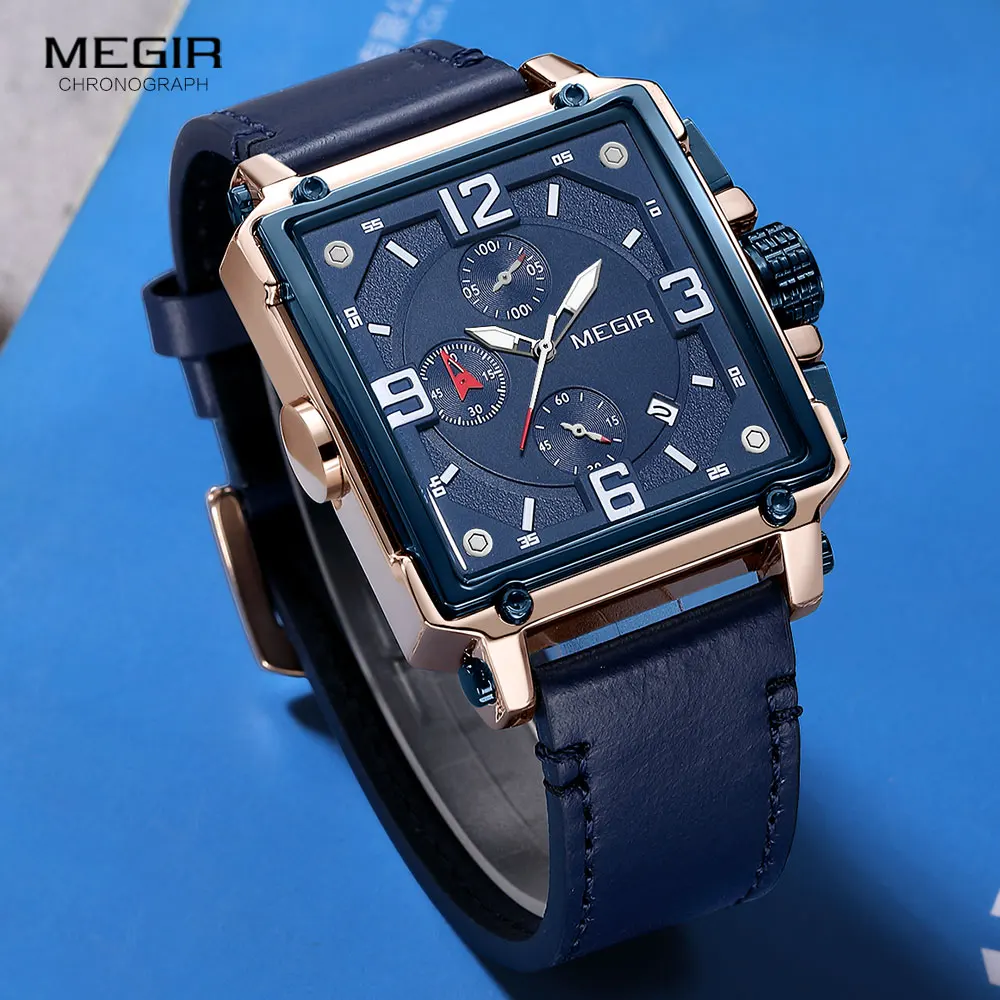 

Megir Men's Watches Blue Leather Strap Quartz Watch for Man Square Dial Chronograph Wristwatch montres hommes orologi часы reloj