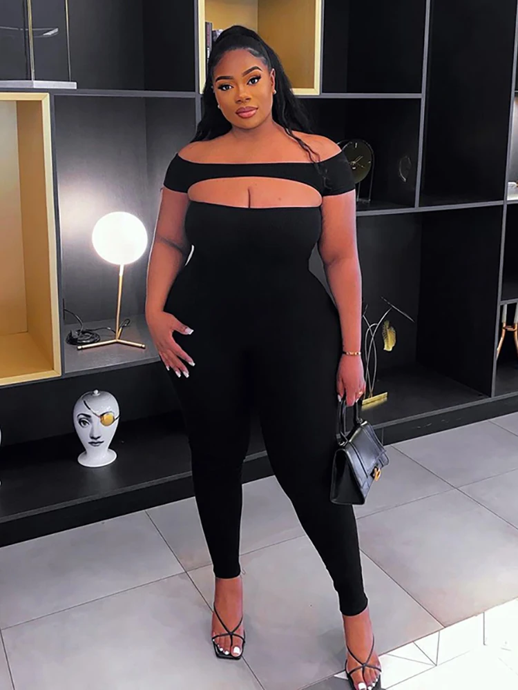 Simenual Sexy Off Shoulder Female Jumpsuits Cut Out Cleavage Short Sleeve Bodycon Catsuits Fashion Streetwear One Piece Outfits
