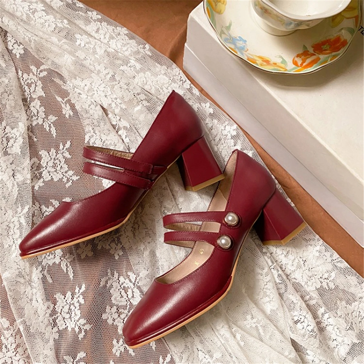 

kmeioo high quality mary janes woman retro dress pearl pumps square toe genuine leather chunky heels for women