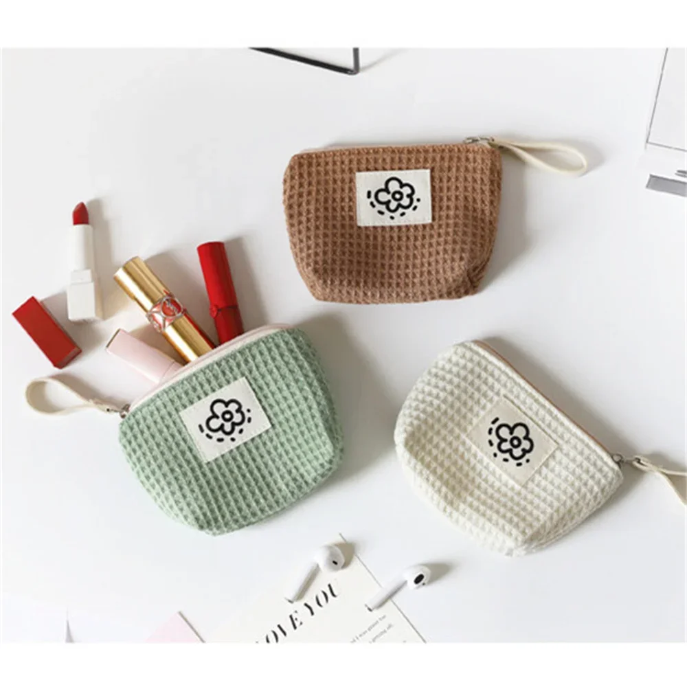 

Cute Waffle Coin Purse Summer Flowers Small Makeup Bag Portable Cosmetic Bag Fashion Women Girls Lipstick Coin Cards Organizer