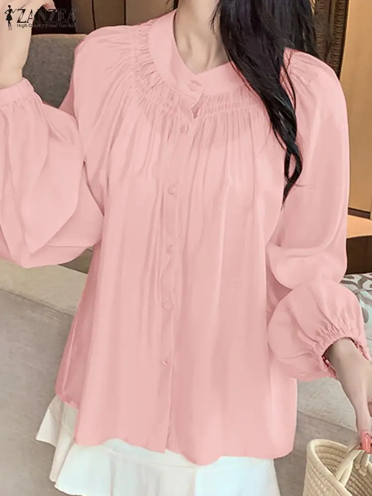

Винтажные женские топы, праздничная однотонная блузка ZANZEA 2023, осенняя рубашка на пуговицах с длинным рукавом, модная свободная плиссированная рубашка с круглым вырезом