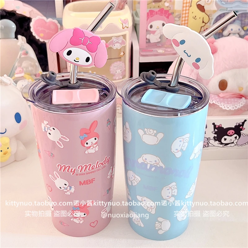 

600Ml Cinnamoroll Mymelody Stainless Steel Cold Ice Drink Straw Cup Juice Milk Tea Drink Cup Kawaii Anime Plush Toy for Girl