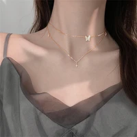vintage double layer butterfly cross pendant necklace for women korean sparkling rhinestone clavicle chain choker party jewelry