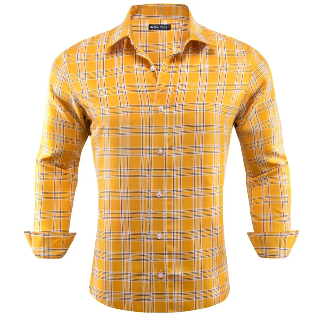 

Роскошные шелковые рубашки для мужчин с длинными рукавами, желтые, белые, Синие Клетчатые полосы, приталенная Мужская блузка, повседневные деловые топы, Barry Wang