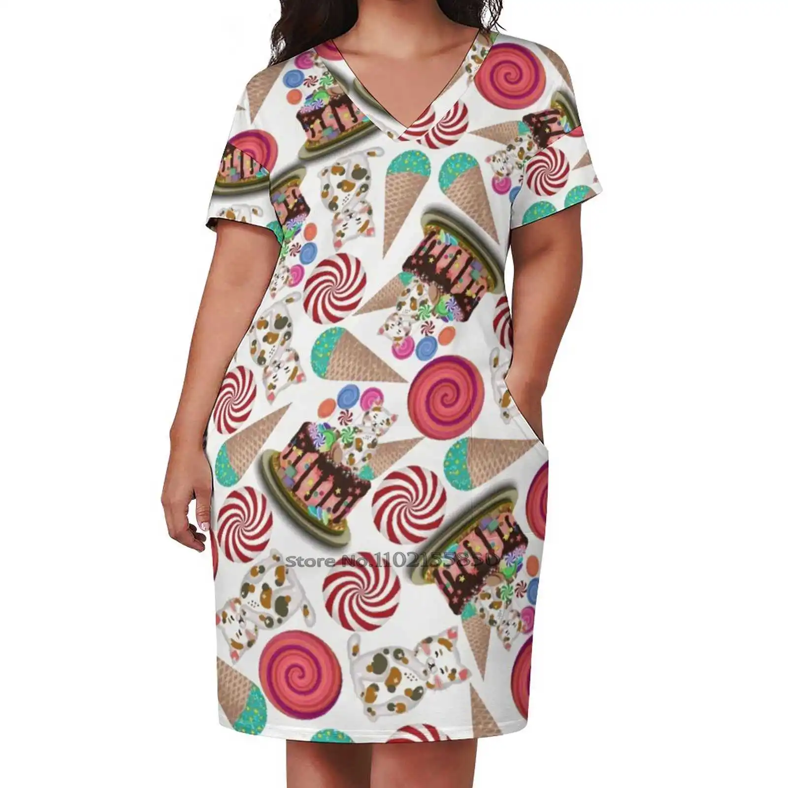 

Birthday Cake - Happy Birthday For The Loved One Loose Pocket Dress Summer Sexy V Neck Dress Print Short Sleeve Dress Birthday