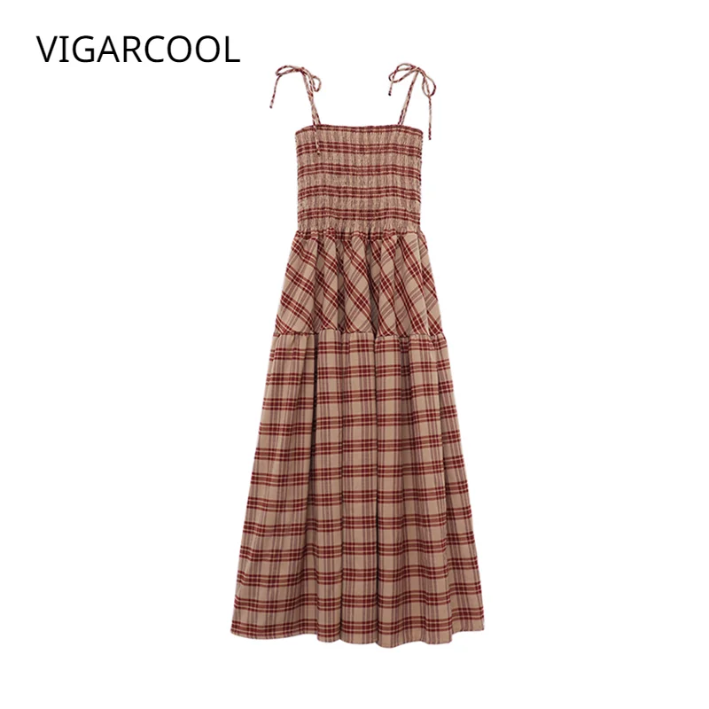 2023 Summer Checkered Strap Versatile Dress Design Girls' Elegant Pleated Sleeveless Waist Wrapped Mid length Large Swing Skirt