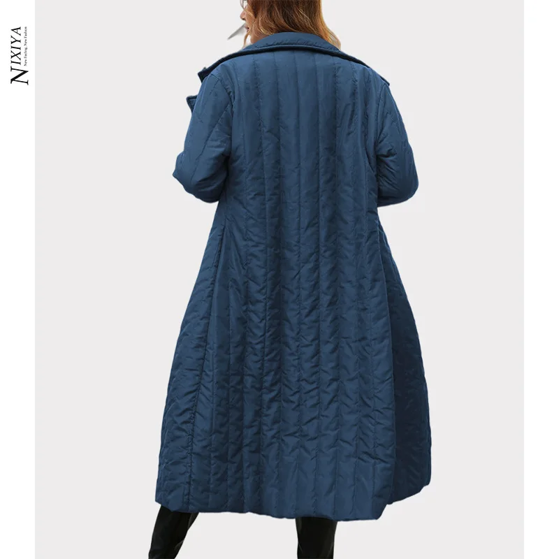 New slim and slim long cotton-padded clothes with solid color temperament Belt lapel thick warm polyester fiber women's coat