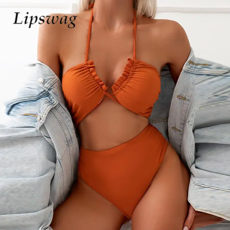 

2023 модная пляжная одежда на шнуровке с открытой спиной, бикини, новый однотонный Цельный купальник, сексуальный топ-труба, боди с высокой талией