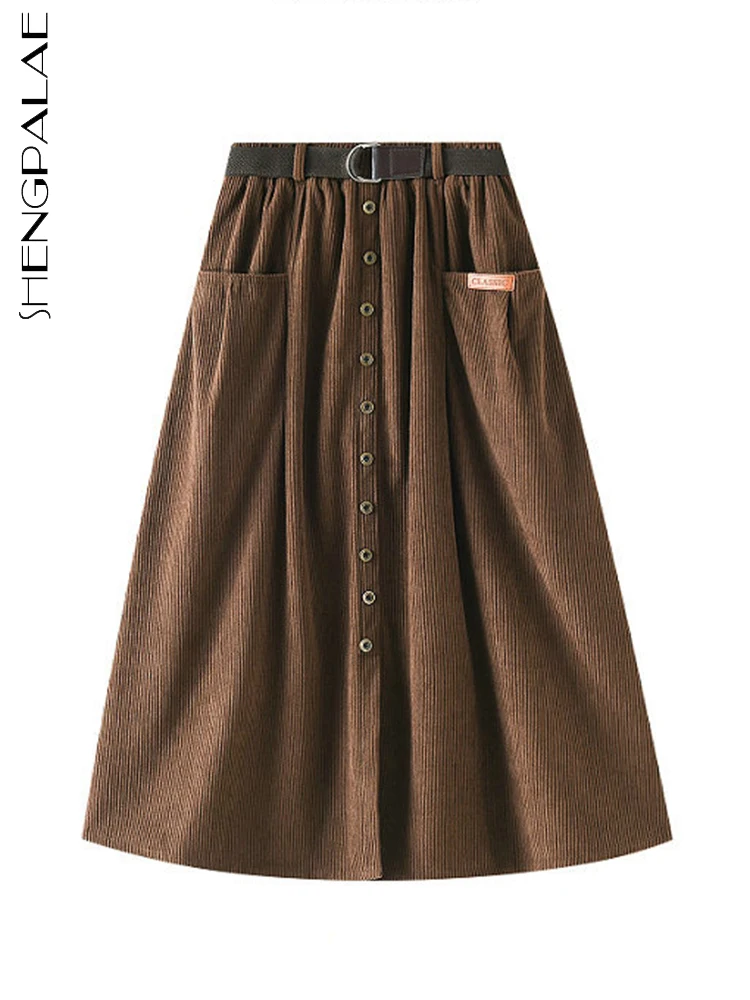 

SHENGPALAE Women's Corduroy Midi Skirts Vintage Brown Black High Waist Long Skirts Female 2023 Korean Fashion A-Line Skirt 5R465