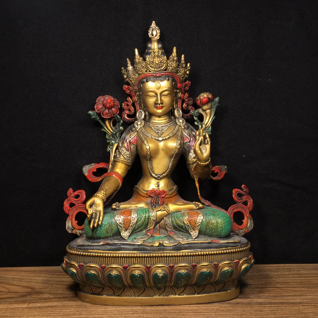

12"Tibet Temple Collection Old Bronze Painted Seven Eyed White Tara Buddha Lotus Platform Sitting Buddha Worship Hall Town house