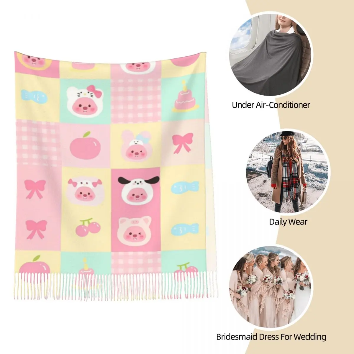 Женский шарф с кисточками Zanmang Loopy в клетку большая зимне-осенняя шаль героями