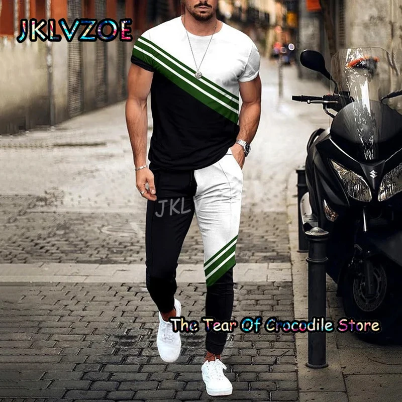 Retro Men's T Shirt Tracksuit Trousers 2 Piece Set Stripe Pattern Short Sleeve Pants Streetswear 3D Printing Summer Clothing