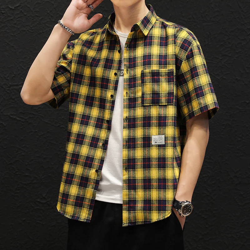 2022 Men Fashion Shirts Plaid Summer Shirts Short Sleeves Casual Camisa Masculina Ropa Hombre Shirts for Men Shirts Blouses