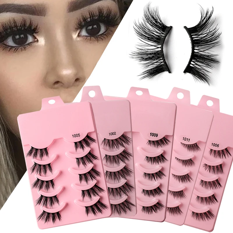 

New Hot Sale Eyelashes Natural Fluffy 5 Pairs Half Eyelash Transparent Stalk Invisible Band Faux Mink Lashes Reusable False