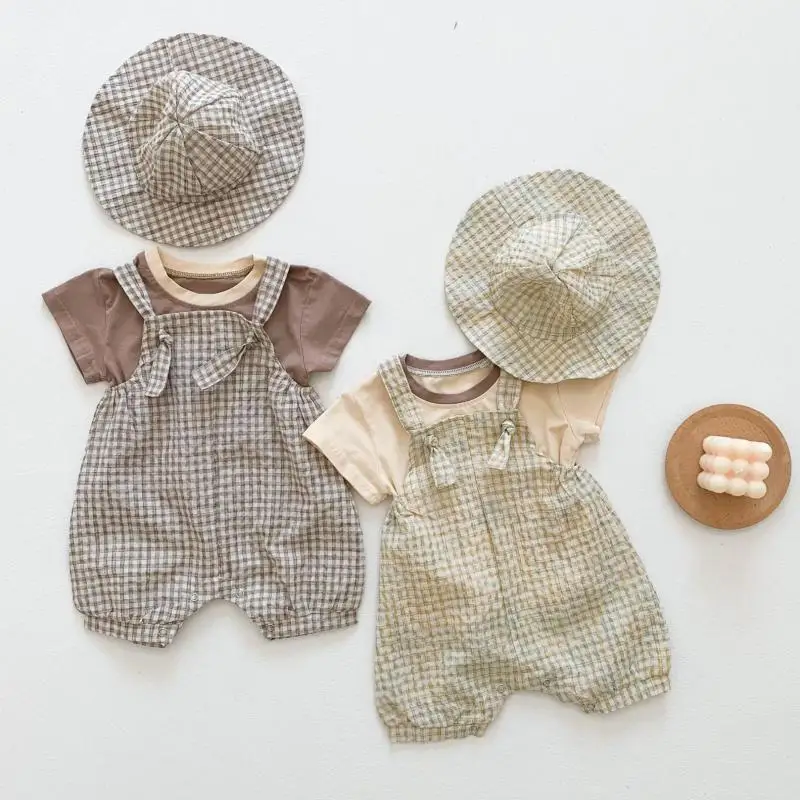 

2022 Summer New Newborn Baby Boy Clothes Set Baby Toddler Short Sleeve T Shirt + Plaid Overalls + Hat 3pcs Baby Girl Suit